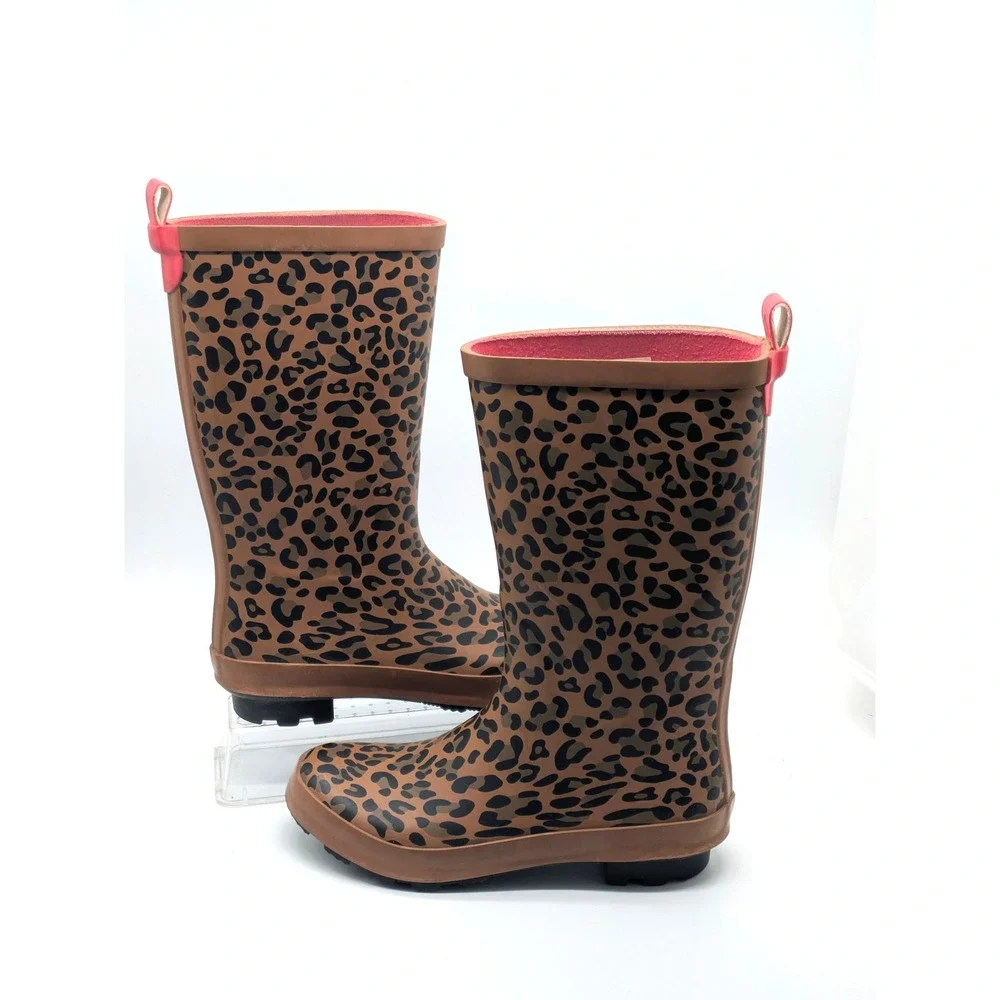 Girls Leopard Print Rain Boots Size 3 Brown Pink Waterproof Mid Calf Boots